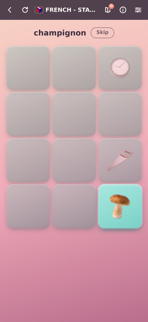 A TapLingo game board showing picture tiles and the French word champignon