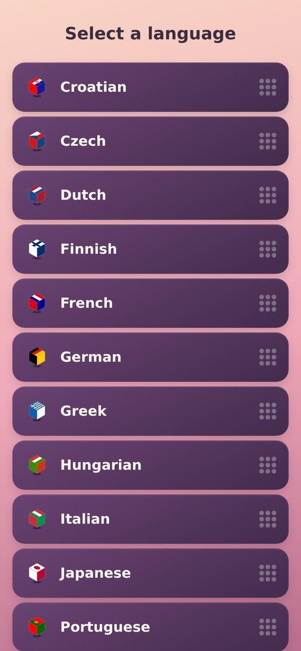 TapLingo language selection screen with flags for Croatian, Czech, Dutch, Finnish, French, German, Greek, Hungarian, Italian, Japanese and Portuguese